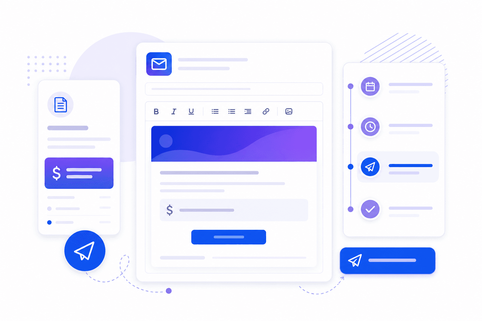 Invoice reminder email workflow with timeline scheduling and payment follow-up UI elements